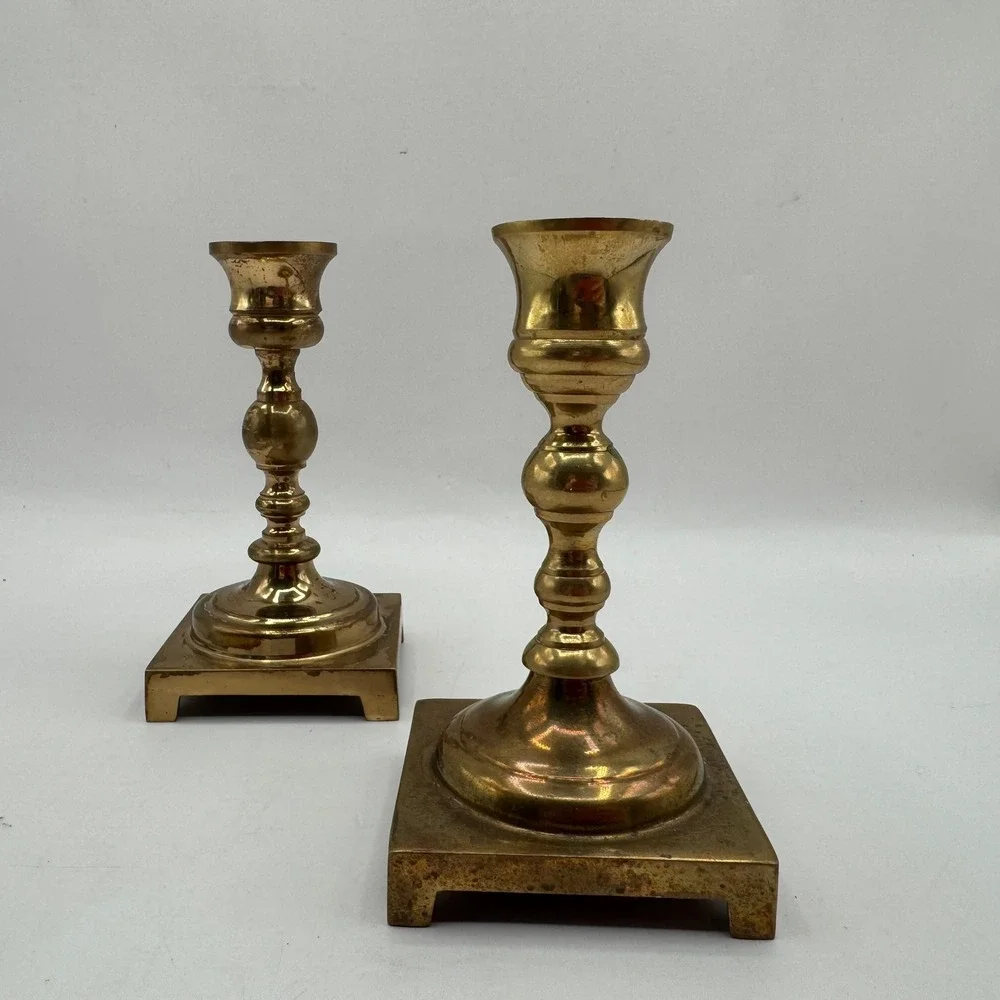 Brass Candlestick Holders Set‎ of 2 Gold Square Base Vintage Style 6.5